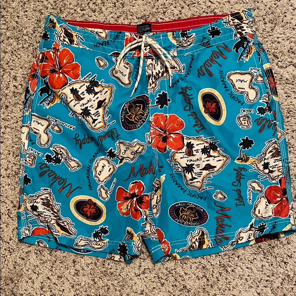 Caribbean Joe Blue and Red Map Print Swim Shorts